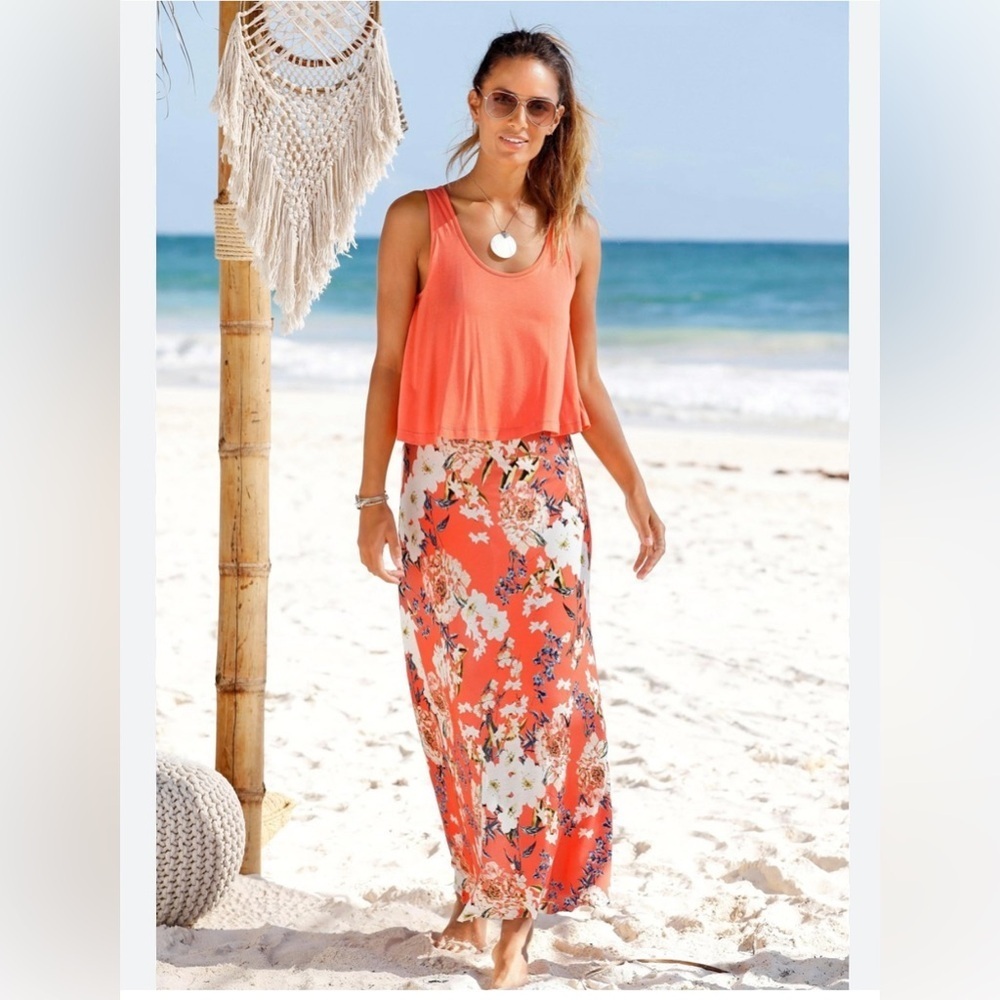 S.Oliver Floral Layered Look Maxi Dress, Coral, Size 46, Large